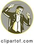 Vector Clip Art of Retro Woodcut Male Music Conductor Holding a Baton in a Yellow and Taupe Circle by Patrimonio