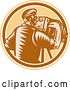 Vector Clip Art of Retro Woodcut Male Photographer Using a Bellows Camera in a Brown White and Tan Circle by Patrimonio