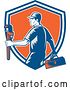 Vector Clip Art of Retro Woodcut Male Plumber Carrying a Monkey Wrench and Tool Box in a Blue White and Orange Shield by Patrimonio