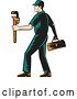 Vector Clip Art of Retro Woodcut Male Plumber Walking with a Tool Box and Monkey Wrench by Patrimonio
