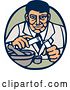 Vector Clip Art of Retro Woodcut Male Scientist Transfering Items in Test Tubes in a Blue and Green Oval by Patrimonio