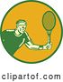 Vector Clip Art of Retro Woodcut Male Tennis Player Athlete Holding a Racket in a Green and Orange Circle by Patrimonio