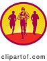 Vector Clip Art of Retro Woodcut Male Triathlete or Marathon Runners in a Sunset Oval by Patrimonio