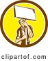 Vector Clip Art of Retro Woodcut Male Worker Holding a Placard Sign Post in a Brown White and Yellow Circle by Patrimonio