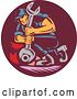 Vector Clip Art of Retro Woodcut Mechanic Unscrewing a Bolt with a Giant Wrench by Patrimonio