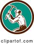 Vector Clip Art of Retro Woodcut Miner Working with a Pickaxe in a Brown White and Turquoise Circle by Patrimonio