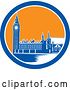 Vector Clip Art of Retro Woodcut of Westminster Palace in London, England with Big Ben in a Blue White and Orange Circle by Patrimonio