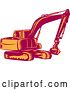 Vector Clip Art of Retro Woodcut Orange and Red Mechanical Excavator Digger Machine by Patrimonio