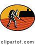 Vector Clip Art of Retro Woodcut Paver Sealer Contractor Worker Sealing Paving near a House by Patrimonio