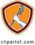 Vector Clip Art of Retro Woodcut Plumber Hand Holding a Monkey Wrench in an Orange Maroon and White Shield by Patrimonio