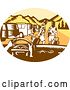 Vector Clip Art of Retro Woodcut Point of View from a Driver in a Rental Car and Tourists in a Parking Lot by Patrimonio