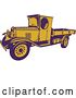 Vector Clip Art of Retro Woodcut Purple and Yellow 1920s Pickup Truck with a Flatbed by Patrimonio