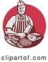 Vector Clip Art of Retro Woodcut Red Butcher Holding a Cleaver Knife over Meats by Patrimonio