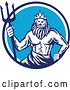 Vector Clip Art of Retro Woodcut Roman Sea God, Neptune or Poseidon, with a Trident in a White and Blue Circle by Patrimonio
