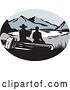 Vector Clip Art of Retro Woodcut Scene of Silhouetted Hikers Sitting on a Log and Looking out at a Mountainous Lake or Pond by Patrimonio