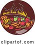 Vector Clip Art of Retro Woodcut Still Life of Harvest Vegetables and Fruit with Trees in a Brown Circle by Patrimonio