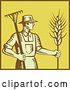 Vector Clip Art of Retro Woodcut Styled Farmer with a Rake and Wheat over Yellow with a Brown Border by Patrimonio