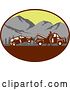 Vector Clip Art of Retro Woodcut Styled Guy Towing Away a Family Car in an Oval with Mountains by Patrimonio