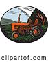 Vector Clip Art of Retro Woodcut Tractor in an Oval of Farm Land by Patrimonio