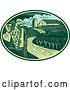 Vector Clip Art of Retro Woodcut Vineyard, Farm and Barn in a Green and Blue Oval by Patrimonio