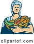 Vector Clip Art of Retro Woodcut White Female Farmer Holding a Basket of Harvest Vegetables by Patrimonio