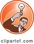 Vector Clip Art of Retro Woodut Black Business Man Holding a Light Bulb in an Orange Circle by Patrimonio