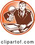 Vector Clip Art of Retro Woodut Business Man Inspecting Documents with a Magnifying Glass in an Orange Circle by Patrimonio