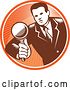 Vector Clip Art of Retro Woodut Business Man Inspecting with a Magnifying Glass in an Orange Circle by Patrimonio