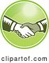 Vector Clip Art of Retro Woodut Men Shaking Hands in a Green Sunny Circle by Patrimonio
