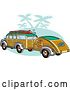 Vector Clip Art of Retro Woody Sedan with Surfboards on the Roof, Pulling a Trailer over Green with Palm Trees by Andy Nortnik