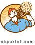 Vector Clip Art of Retro Worker Carrying a Log in a Circle of Sun Rays by Patrimonio