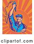 Vector Clip Art of Retro Worker Holding a Torch on Orange Rays by Patrimonio