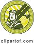 Vector Clip Art of Retro World War One Male Pilot Aviator and Spad Biplane, on a Green Cricle with Stars and Sunshine by Patrimonio