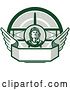 Vector Clip Art of Retro World War One Male Pilot Aviator Looking up over a Wing Banner and Biplane, in Green Tones by Patrimonio