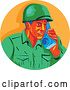 Vector Clip Art of Retro Wpa Styled WWII American Soldier Talking on a Field Radio in an Orange Circle by Patrimonio
