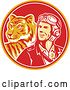 Vector Clip Art of Retro WWII Male Aviator Pilot and Tiger in a Yellow Red and White Circle by Patrimonio