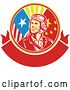 Vector Clip Art of Retro WWII Male Aviator Pilot in an American and Chinese Flag Circle over a Blank Banner by Patrimonio