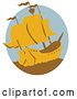 Vector Clip Art of Retro Yellow and Brown Galleon Ship in an Oval by Patrimonio