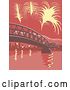 Vector Clip Art of Retro Yellow Fireworks over a Bridge with Red Tones by Patrimonio