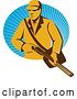 Vector Clip Art of Retro Yellow Male Hunter Holding a Rifle and Emerging from an Oval of Blue Rays by Patrimonio