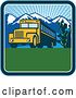 Vector Clip Art of Retro Yellow School Bus with Cactus and Mountains Against a Sunny Sky Inside a Square by Patrimonio