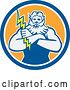 Vector Clip Art of Retro Zeus Holding a Thunder Bolt in a Blue and Orange Circle by Patrimonio