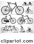 Vector Clipart of Retro Black and White Bicycles and People Riding Bikes by BestVector